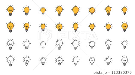 Light bulb line icons, lightbulb creative idea symbols, convey innovation and creativity, illumination, imagination, bright insights and innovative thinking. Vector set of color and monochrome lamps Light bulb line icons, lightbulb creative idea symbols, convey innovation and creativity, illumination, imagination, bright insights and innovative thinking. Vector set of color and monochrome lamps 113380379