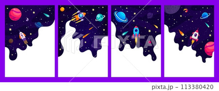 Galaxy space posters, borders or frames with rocket launch in galaxy space landscape with planets. Vector celestial-themed template showcases a mesmerizing blend of cosmic wonders and exploration 113380420