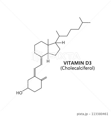 Vitamin d3, or cholecalciferol, exhibits a molecular structure with a steroid backbone. Its composition includes a hexacyclic ring system essential for its role in calcium absorption and bone health Vitamin d3, or cholecalciferol, exhibits a molecular structure with a steroid backbone. Its composition includes a hexacyclic ring system essential for its role in calcium absorption and bone health 113380461