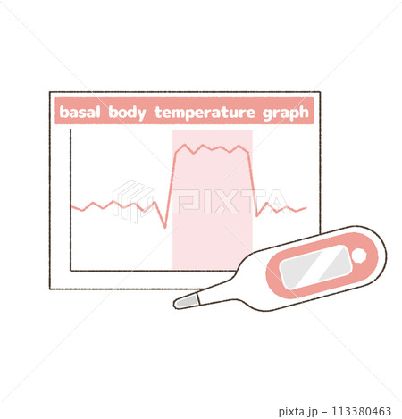 基礎体温表と体温計のイラスト。 113380463