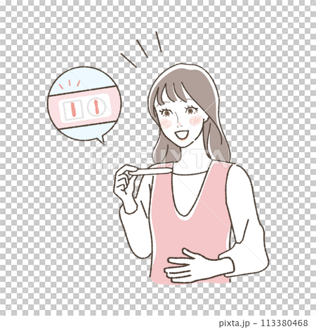 An illustration of a woman who is happy about being pregnant after getting a positive pregnancy test result. 113380468