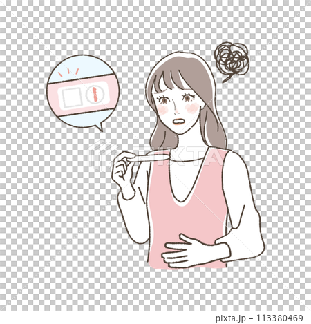 Illustration of a woman who is sad after getting a negative pregnancy test result. 113380469