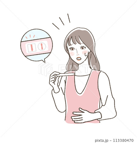 妊娠検査薬、陽性がでて妊娠を戸惑う女性のイラスト。 妊娠検査薬、陽性がでて妊娠を戸惑う女性のイラスト。 113380470