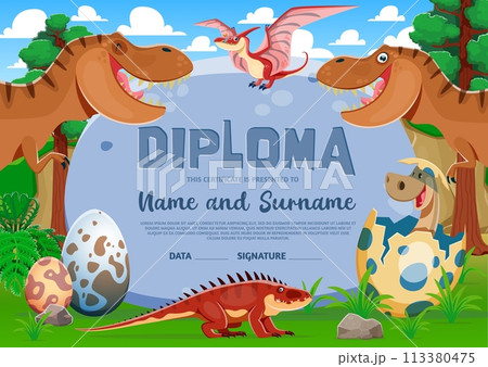 Kids diploma with funny tyrannosaur rex and baby dinosaur characters. Vector recognition certificate template for kiddos awesome achievements. Prehistoric praise for children triumph or graduation Kids diploma with funny tyrannosaur rex and baby dinosaur characters. Vector recognition certificate template for kiddos awesome achievements. Prehistoric praise for children triumph or graduation 113380475