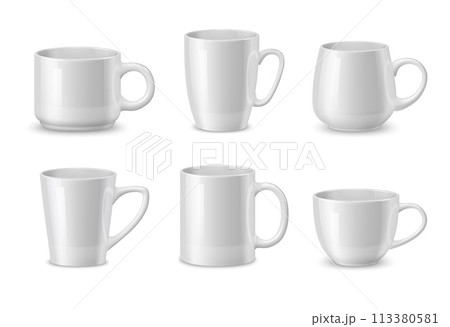 Realistic white ceramic coffee mugs and tea cups, vector tableware mockups. Different mugs and cups with handle for tea or coffee and hot drinks, porcelain kitchenware or dishware and crockery mockups Realistic white ceramic coffee mugs and tea cups, vector tableware mockups. Different mugs and cups with handle for tea or coffee and hot drinks, porcelain kitchenware or dishware and crockery mockups 113380581
