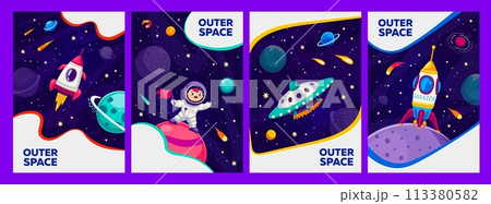 Cartoon galaxy space template banners and posters with kid astronaut, vector backgrounds. Outer space discovery and galaxy exploration by kid spaceman with rocket shuttle and alien UFO in starry sky 113380582