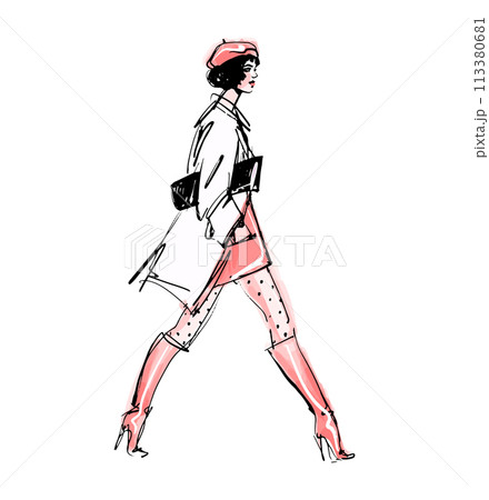 Modern fashionable girl on a walk. Hand drawn watercolor sketch. A woman in a coat and high-heeled boots. Stylish Vector illustration isolated on white background. Modern fashionable girl on a walk. Hand drawn watercolor sketch. A woman in a coat and high-heeled boots. Stylish Vector illustration isolated on white background. 113380681
