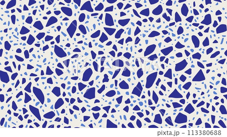 Terrazzo marble stone floor texture or terazzo ceramic tile, vector pattern background. Blue and light blue terrazo ceramic pieces or glass parts of marble broken stones for floor interior pattern 113380688