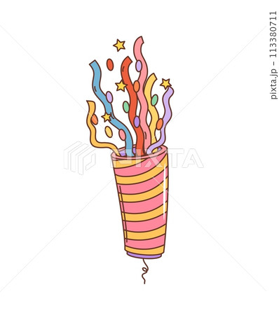 Retro cartoon groovy holiday party popper. Isolated vector vibrant, vintage confetti cannon, bursting with psychedelic colors and funky, swinging 60s vibes, capturing the joyous spirit of celebration 113380711