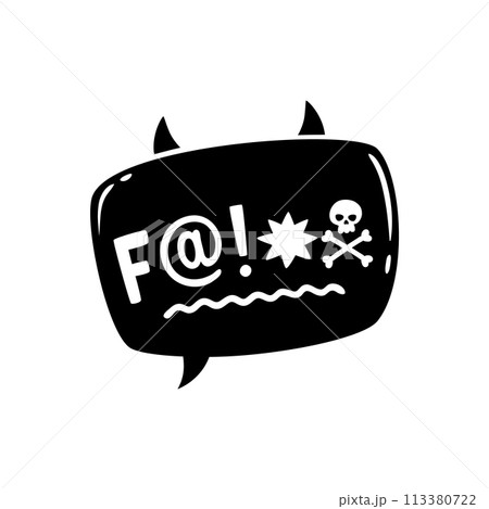 Comic swear speech bubble, hate angry talk and aggressive expletive curse, vector cartoon icon. Bad word swear speech bubble with devil emoji, mad anger or rude language and curse shout text 113380722