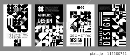 Abstract monochrome modern geometric style poster, creative certificate template and book cover collage. Vector background with minimal black and white shapes. Trendy vintage vertical layouts 113380751