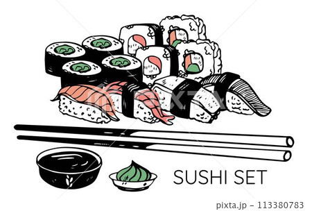 Sushi asian fish food hand drawn vector set...のイラスト素材 [113380783] - PIXTA