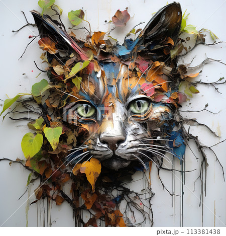 Sculpture and painting street art of cat head full of colorful colors and covered with leaves and grass. on the old wall. Pet. Animals. Illustration, Generative AI. Sculpture and painting street art of cat head full of colorful colors and covered with leaves and grass. on the old wall. Pet. Animals. Illustration, Generative AI. 113381438