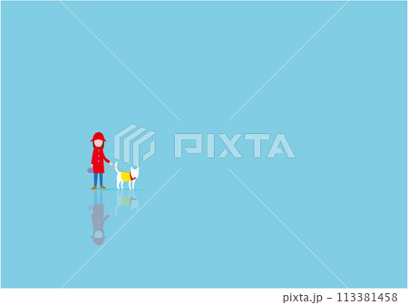 雨上がりにイヌと散歩している女性のイラスト 雨上がりにイヌと散歩している女性のイラスト 113381458