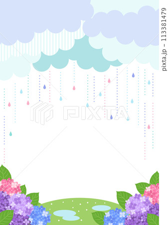 梅雨、背景、イラスト、雨、あじさい、明るい、縦型 梅雨、背景、イラスト、雨、あじさい、明るい、縦型 113381479