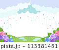 梅雨、背景、イラスト、雨、あじさい、明るい、横型 113381481
