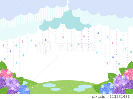 梅雨、背景、イラスト、雨、あじさい、明るい、横型 梅雨、背景、イラスト、雨、あじさい、明るい、横型 113381481