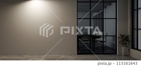 The interior design of a contemporary office corridor at night with a dim light on the empty wall. The interior design of a contemporary office corridor at night with a dim light on the empty wall. 113381643
