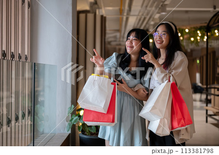 Two happy young Asian women pointing and smiling in a stylish shopping area, holding shopping bags. 113381798