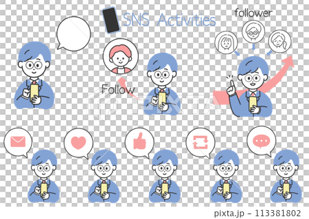 Useful for creating diagrams for SNS operation! A set of men in suits enjoying SNS and speech bubble icons 113381802