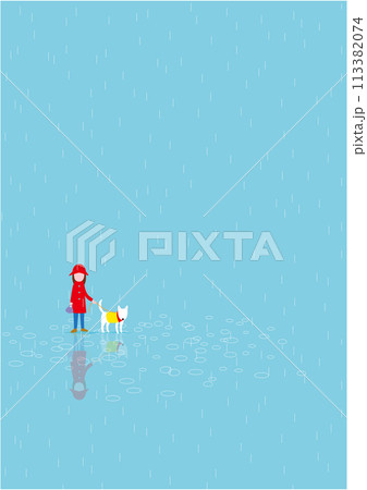 雨の中イヌと散歩している女性のイラスト(タテ) 雨の中イヌと散歩している女性のイラスト(タテ) 113382074