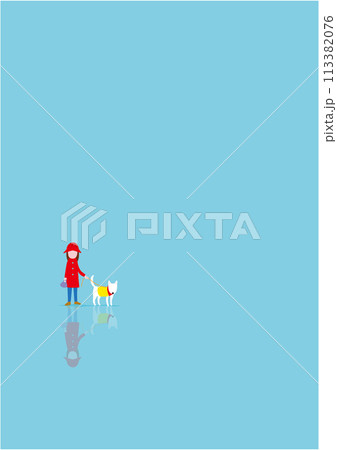 雨上がりにイヌと散歩している女性のイラスト(タテ) 雨上がりにイヌと散歩している女性のイラスト(タテ) 113382076