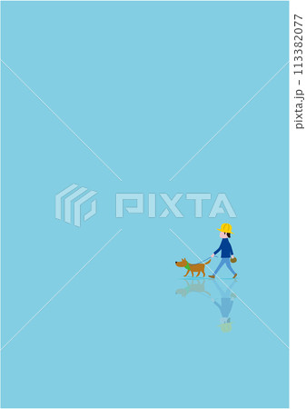 雨上がりにイヌと散歩している男性のイラスト(タテ) 雨上がりにイヌと散歩している男性のイラスト(タテ) 113382077