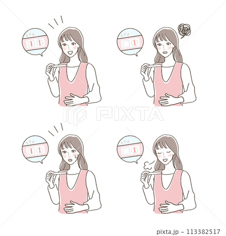 妊娠検査薬を見て反応する女性のイラストセット。 妊娠検査薬を見て反応する女性のイラストセット。 113382517