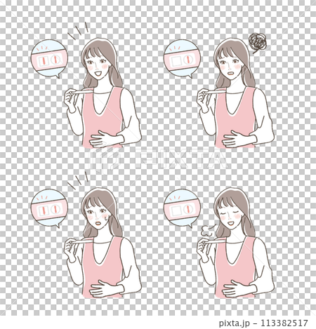 妊娠検査薬を見て反応する女性のイラストセット。 妊娠検査薬を見て反応する女性のイラストセット。 113382517