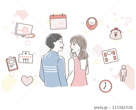 家族計画を夫婦で話すアイキャッチイラスト。 113382526