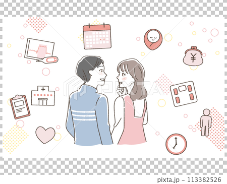 家族計画を夫婦で話すアイキャッチイラスト。 113382526