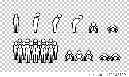 人型ピクトグラム ネクタイをつけたビジネスマン謝罪ポーズのセット 線幅可変 113382559