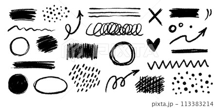 Chalk color pencil texture brush dot stroke vector element. Children crayon color brush stroke texture arrow, circle, underline shape. Hand drawn childish chalk pencil scribble. Vector 113383214