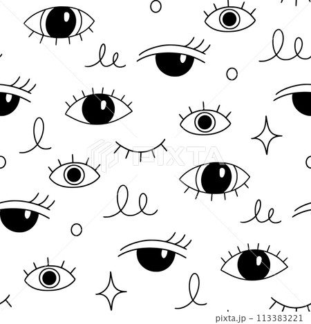 Eye doodle seamless vector pattern. Hand drawn doodle sketch simple background. Open, wink eyes minimal seamless pattern. Abstract pop beauty background. Vector Eye doodle seamless vector pattern. Hand drawn doodle sketch simple background. Open, wink eyes minimal seamless pattern. Abstract pop beauty background. Vector 113383221