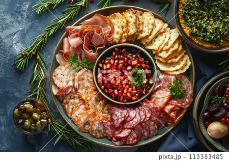 Festive Charcuterie Board with Assorted Cured 113383485