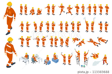 アイソメトリック人物イラスト：作業服とヘルメットの作業員(オレンジ作業着) 113383688