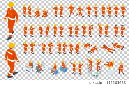 アイソメトリック人物イラスト：作業服とヘルメットの作業員(オレンジ作業着) 113383688