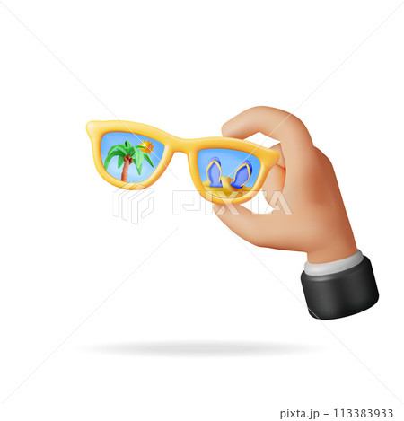 3D Sunglasses with Palm Trees and Beach in Hand. 3D Sunglasses with Palm Trees and Beach in Hand. 113383933