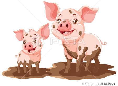 Happy Piglet and Parent in Mud 113383934