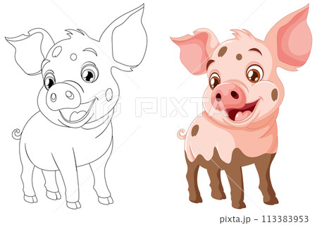 Cheerful Piglet Illustration Before and After 113383953