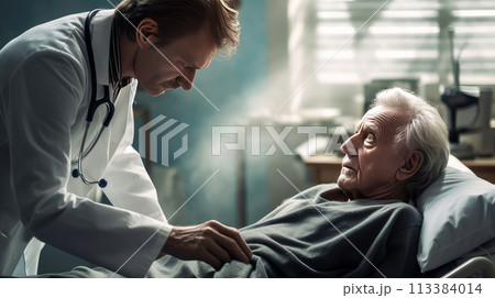 Treatment An elderly old patient lies in a bed in a ward in a nursing home and with modern equipment, new technologies. 113384014