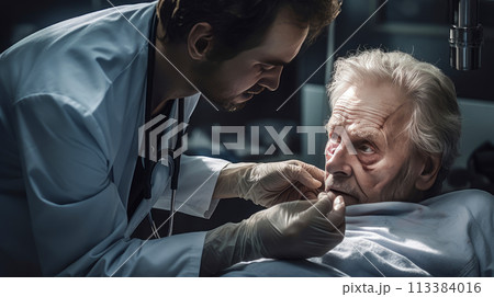 Treatment An elderly old patient lies in a bed in a ward in a nursing home and with modern equipment, new technologies. 113384016
