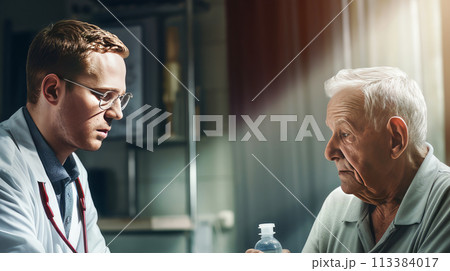 Treatment An elderly old patient lies in a bed in a ward in a nursing home and with modern equipment, new technologies. 113384017