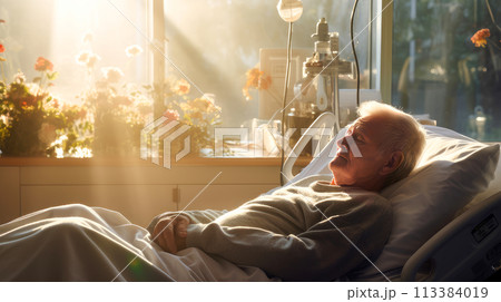 An elderly old patient lies in a bed in a room with a large window and sunlight and with modern equipment, new technologies. 113384019