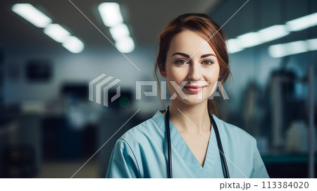 Doctor woman in a modern bright room in a medical hospital with modern equipment, new technologies. 113384020