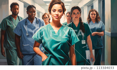 Young doctor woman in uniform with her team of doctors in a medical hospital with modern equipment. 113384033