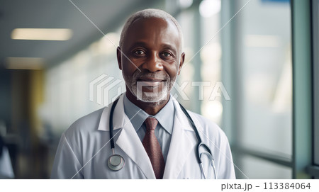 Portrait of a smiling dark-skinned elderly African American doctor man with a stethoscope in a medical hospital with modern equipment. Portrait of a smiling dark-skinned elderly African American doctor man with a stethoscope in a medical hospital with modern equipment. 113384064