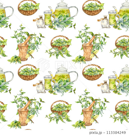 Wooden utensil, glass teapot with herb tea and nettle watercolor seamless pattern isolated on white. Herb sachet and straw basket with medicinal plants hand drawn. Design for textile, wrapping 113384249