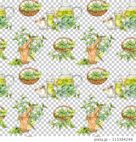 Wooden utensil, glass teapot with herb tea and nettle watercolor seamless pattern isolated on white. Herb sachet and straw basket with medicinal plants hand drawn. Design for textile, wrapping 113384249