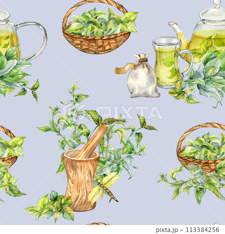 Wooden utensil, glass teapot with herb tea and nettle watercolor seamless pattern isolated on blue. Herb sachet and straw basket with medicinal plants hand drawn. Design for textile, wrapping 113384256